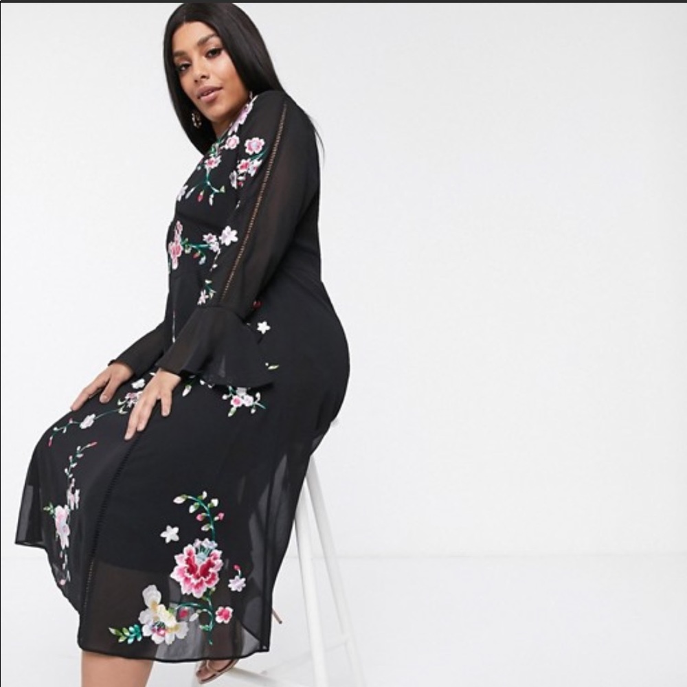 ASOS Curve Black Midi Dress with Pink & White Floral Embroidery - Picture 4 of 6